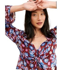New Free People Floral Tie Front Blouse Women Large NWT$98 Cropped Boho Festival